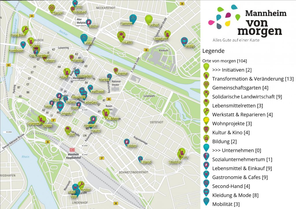 Mannheim of tomorrow as a paper card with icons of Greenmap